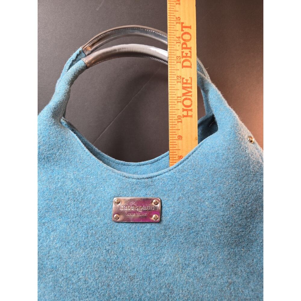 Kate Spade New York Blue Wool Felt Hobo Bag Silver Handles Polka Dot Lining - Picture 11 of 14